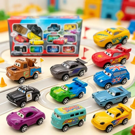 12pcs/Set Pixar Cars Lightning Mcqueen Jackson Storm Mater Pvc Model Back-Force Car Toy For Kids Birthday Gift Set @