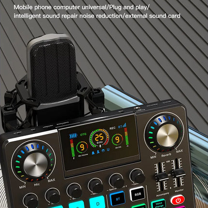 Audio Mixer, Live Sound Card with DJ Mixer Effects & Voice Changer, Sound Board with RGB, Music Recording Equipment