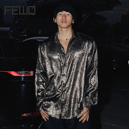 FEWQ Fashion Men's Shirts Turn-down Collar Long Sleeved Pattern Design Casual Single Breasted Loose Male Tops Spring 24K2996