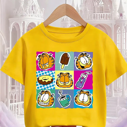 Garfield Cartoon Crew Neck T Shirt Children Boys Girls Summer Cute Kawaii Fashion Street Casual Tops 3-14 Years