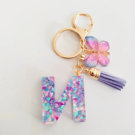 Fashion Butterfly Fringe Initial Keychain Drop Glue Blend Sequin A-Z26 Letter Keychain Cute Ladies Student Bag Accessory Gift