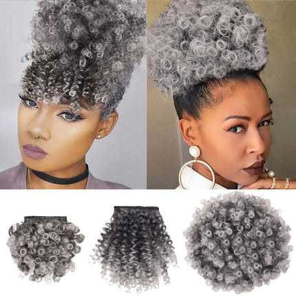 Synthetic Afro Puff Drawstring Ponytail with Short Kinky Curly Bun with 2 Replaceable Bangs Pineapple Updo Hair for Black Women
