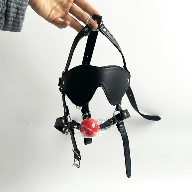 Mouth Ball Gag Blinder Leather Head Harness Mask Restraint Bondage Fetish Slave