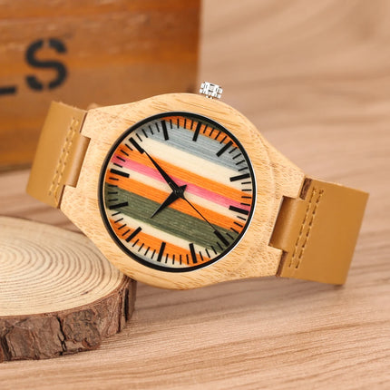 Fresh Stripes 12-Hours Display Wood Watch Mens Quartz Watches Brown Genuine Leather Watch Strap Hot Fashion Wooden Clock 2019