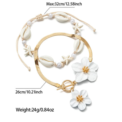 2 pieces of simple white oil drop flower snake bone chain, double-layer resin shell woven women's foot rope