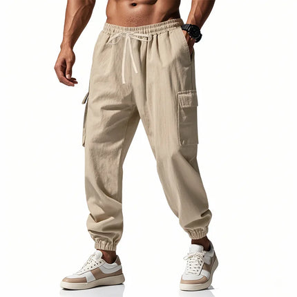 2026 New men's casual multi-pocket trousers male closed-placket tethered cotton and linen straight-leg leggings Men Mens