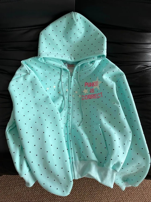 2026 Spring Fashion Letter Print Hooded New Clothing American Polka Dot Star Sweatshirts Women Y2k Sweet Loose Casual Jacket