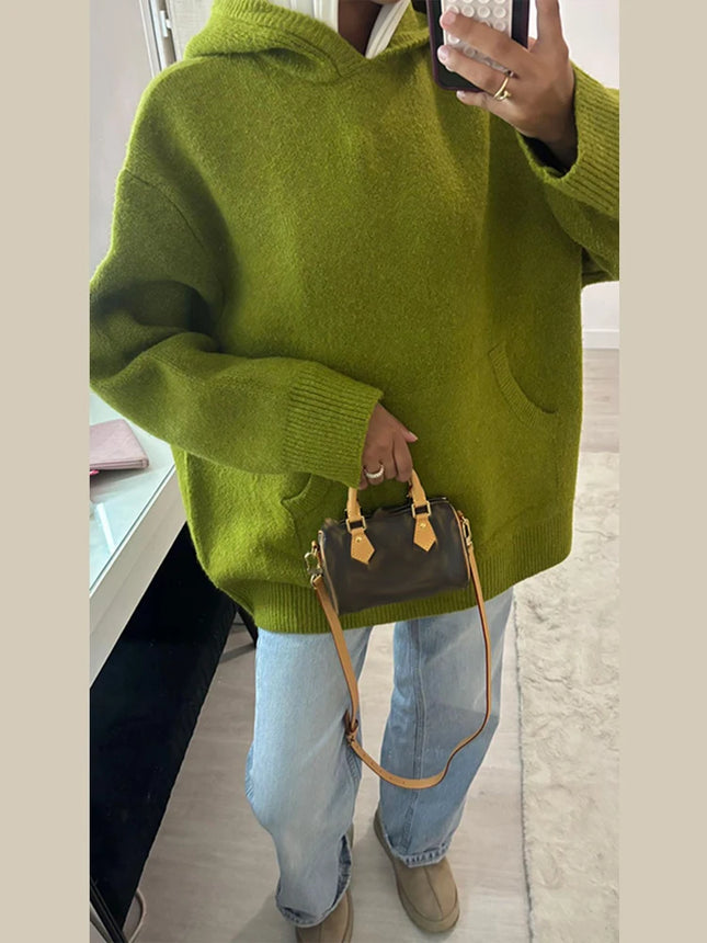 Casual Knitted Women's Sweater Hooded Solid Loose Big Pocket Thicken Lady Sweaters 2026 Spring Fashion Female Street Outwear