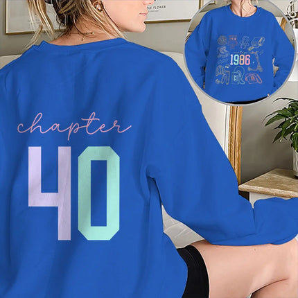 Chapter 40 40th Birthday Sweatshirt Women Born in 1986 Retro Graphic Double-Sided 80s Theme Crewneck Top Casual Retro Clothing