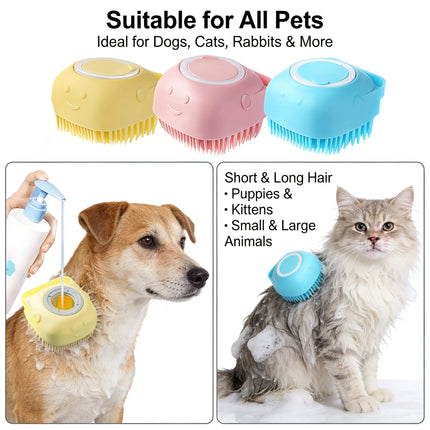2-in-1 Pet Bath & Massage Brush with Shampoo Storage Silicone Dog Cat Grooming Tool for Puppy Kitten Sensitive Skin