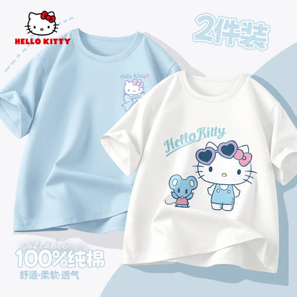 (2 Pieces Per Pack) Sanrio Summer Baby Girls 100% Cotton Clothes Kid Children Girl Hello Kitty Printed T-shirts Short Sleeve Top