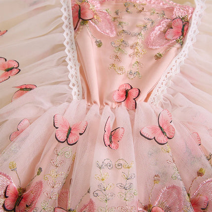 Summer Infant Baby Girl Rompers Dress Lace Trim Butterfly Embroidered Fly Sleeve Tulle Jumpsuit Bodysuits Clothes with Headband