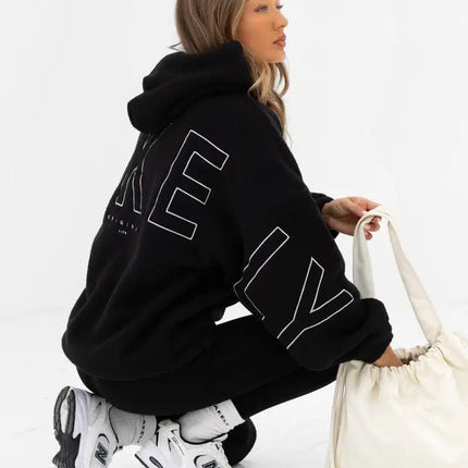 Women Sweatshirts Black Hooded Pullover Big Letter Print Loose Fit New Comfortable Casual Streetwear Minimalist Style Daily Wear
