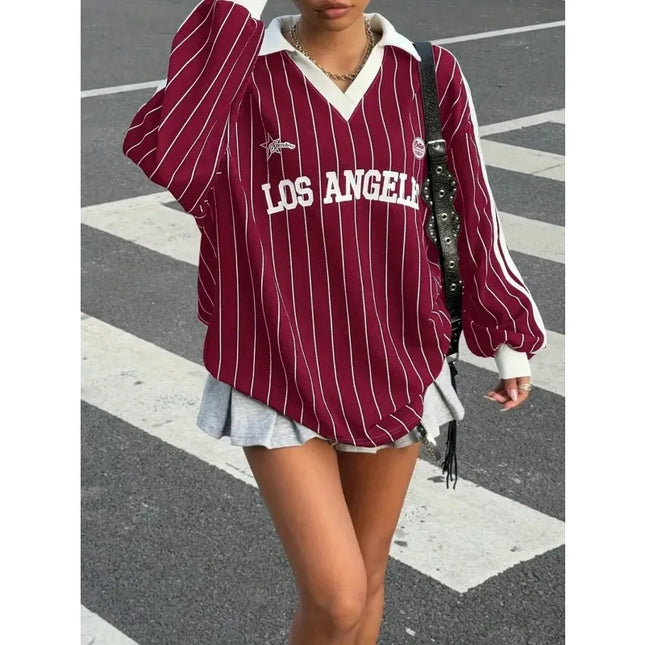 Plus Size 1XL-5XL Women's Casual Striped Letter & Number Print Athletic Polo Collar Long Sleeve T-Shirt Drape Tops