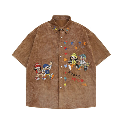 Men Streetwear Beach Shirt Fun Cartoon Embroidery Shirt Summer Hip Hop Oversized Short Sleeve Shirt Button Up Tops Hipster