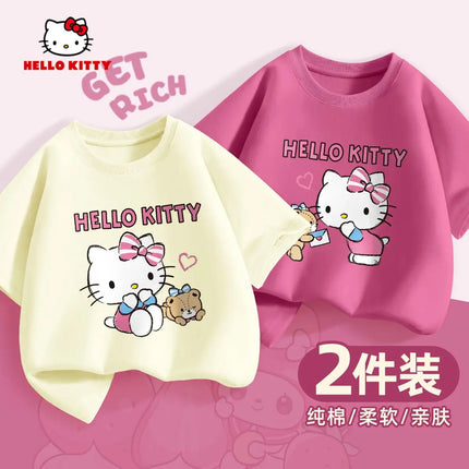 (2 Pieces Per Pack) Sanrio Summer Baby Girls 100% Cotton Clothes Kid Children Girl Hello Kitty Printed T-shirts Short Sleeve Top
