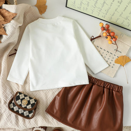 Baby Girls Clothing Set Spring Autumn Short Style Bow Long Sleeve Top+Leather Short Skirt 2Pcs For 3-24M Girls Stylish Outfit