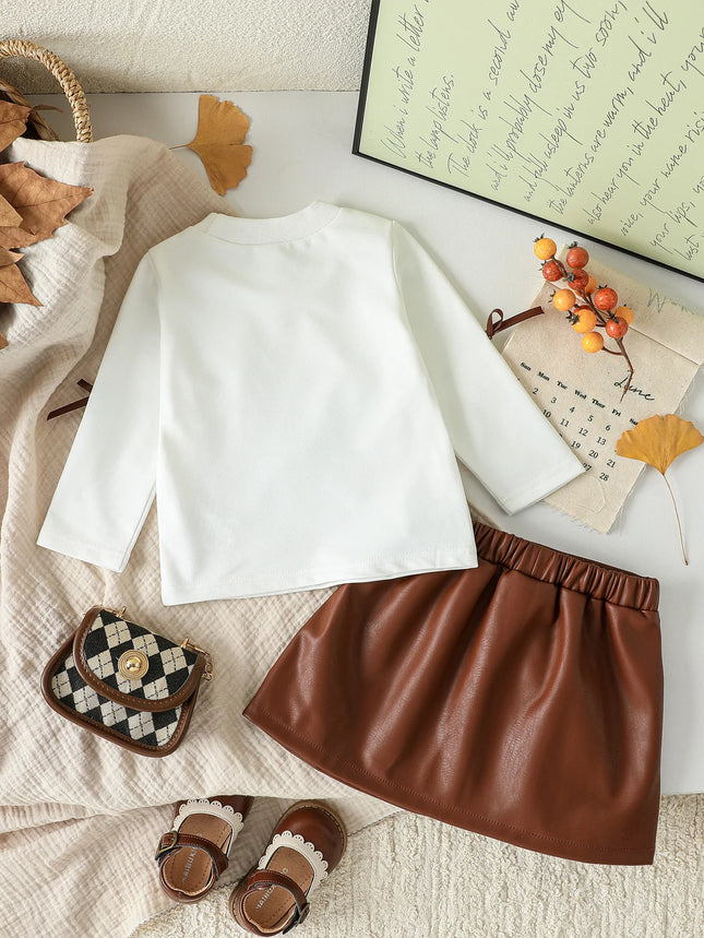 Baby Girls' Clothing Set, Spring Autumn Short Style Bow Long Sleeve Top + Leather Short Skirt, 2Pcs for 3-24M Girls Stylish Outfit
