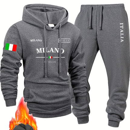 Italy pattern Men's Hoodie and Bundled pants set fleece Autumn winter two-piece set top bottom sets windproof Warm Cotton suit