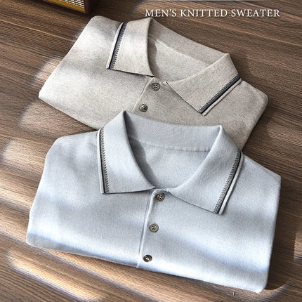 85% Silk+15% Cashmere Men's T-shirt Casual Solid Color Knitted Pullover Short-Sleeved Polo Neck Tees Basic Tops
