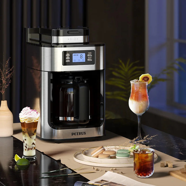 Petrus Automatic Coffee Machine Drip Coffee Maker Stainless Steel 10-cup With Built-In Grinder and Brew Strength Control