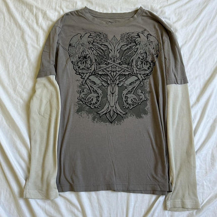 90s Vintage Cross Skull Print Tee Mall Goth Graphic Long Sleeve Patchwork T-Shirt Harajuku Retro Y2k Crop Top Women Streetwear