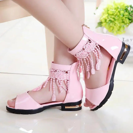 3 5 9 10 12 Years Kids Bow Sandals Children Girls Summer Cute Sandals Beach 2021 Princess Fashion High Heels Tassel School Shoes