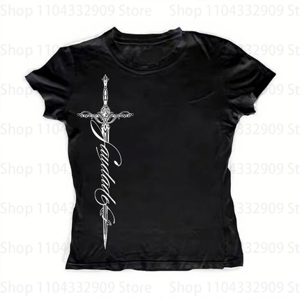 Y2K Harajuku Aesthetic Gothic Fairycore Long Sleeve Tee Character Slim Chic Print Casual Crop Top Grunge Punk Hip Hop Streetwear