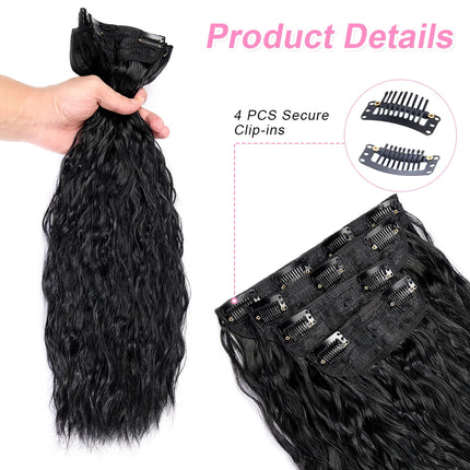 4PCS set Clip in Hair Extensions Natural Black Corn Wavy 20'' Long Curly Thick Synthetic Hairpieces for Women Girls Daily Party