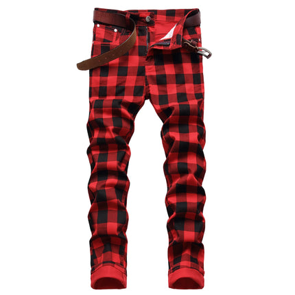 Men's Red Jeans with Checkered Print Details, Made From Stretch Denim Pants, Stylish Slim-fit Design Trousers. 28-34 36 38 40 42