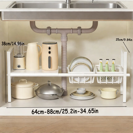 Under-Sink Kitchen Storage Rack/Shelf, Extendable, Single/Double Layer Storage Solution, Made of Steel, Perfect for Kitchen Use, Ideal for Laundry Rooms, under the Sink, Maximizes Space, Easily Stores Various Bottles and Spic