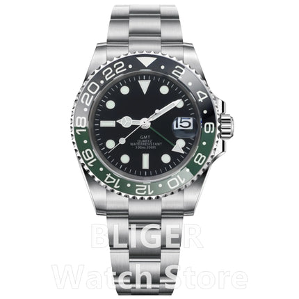 BLIGER 40mm 515 24H GMT Men's Watch Stainless Steel Clasp Luminous Quartz Movement Ceramic Bezel Sapphire Glass 10Bar Waterproof