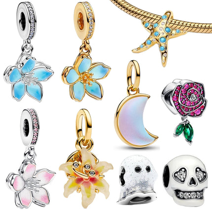 Flower Moon Blossom Pendant Charms 925 Sterling Silver Glow Ghost Skull Beads Starfish DIY Bracelet Necklace Fine Jewelry Gift