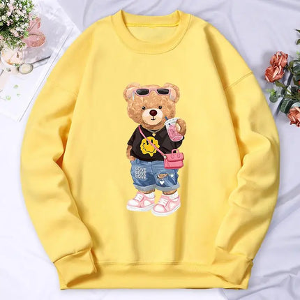 Bear Sister Drinking Milk Tea Printing Women'S Hoody Autumn Warm Fleece Sweatshirt Casual Hoodies Hip Hop Loose Pullovers Top