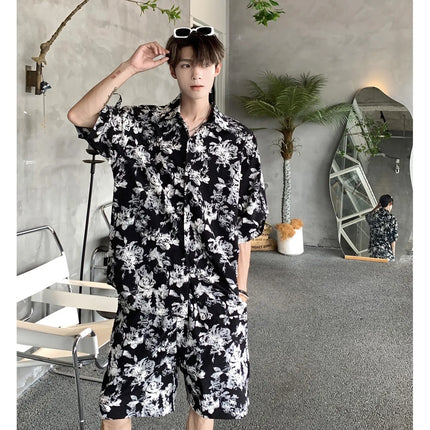 Loose Straight Leg Five-Quarter Beach Pants or Short Sleeve Printed Shirt Beach Travel Men's Fashion Floral Patterned Two-Piece Set