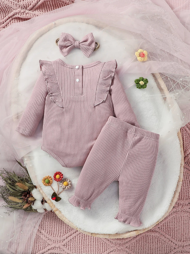 Baby Girls Full Sleeve Floral Pantsuit For Spring/Autumn Daily New Style Bodysuit+Headband