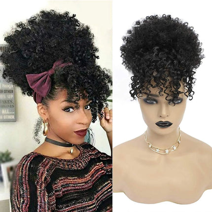 Synthetic Afro Puff Drawstring Ponytail with Bangs Pineapple Updo Hair for Black Women Short Kinky Curly Ponytail Bun