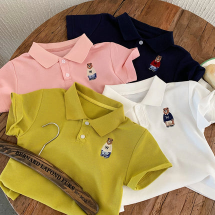 Children's Summer Polo Shirt Cartoon Bear Print Baby Collar Short Sleeve Unisex Kids' Fashion Top for Boys And Girls