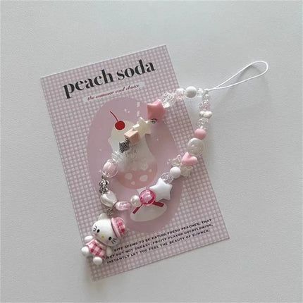 Hello Kitty Phone Chain Cute 3D Cat Bead Phone Chain Short Wristband Hanging Accessories CCD Camera Versatile Hanging Rope