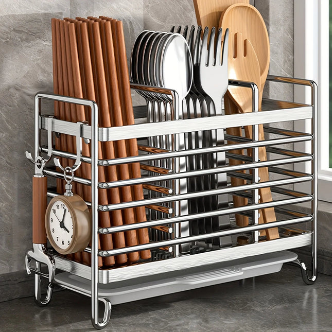 1pc Chopstick Holder,Kitchen Punch-free Wall-mounted Cutlery Storage Box,2/3 Grids with Drain Tray And 4 Hooks, Knife Fork Spoon
