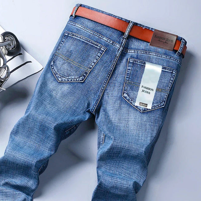 Spring Summer Classic Pocket Men Fit Straight Thin Jeans Cotton Elastic Middle Waist Business Casual Lightweight Pants
