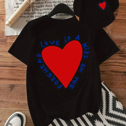 Y2k Fashion Geometric Heart Print Regular Print Tee Casual Loose Crew Neck Short Sleeve  Attire Aesthetic Clothes Unisex