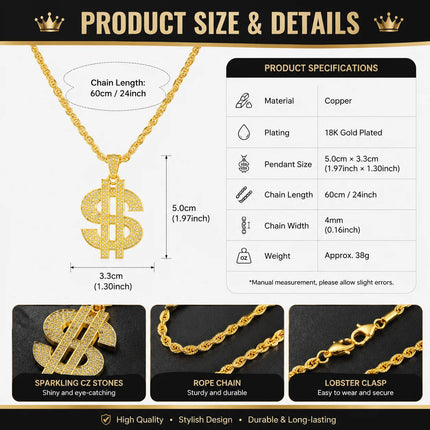 14K Gold Plated Iced Out Dollar Sign Pendant Necklace for Men, Hip Hop Bling Micro Pave CZ Money $ Symbol Chain, Heavy Duty Figaro Link Chain, Luxury Flashy Rap Jewelry Gift for Party Club Birthday