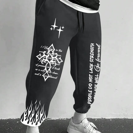 Men's Retro Vintage Script Letter Flame Graphic Joggers Elastic Cuff Sweatpants Popular Streetwear Casual Pants