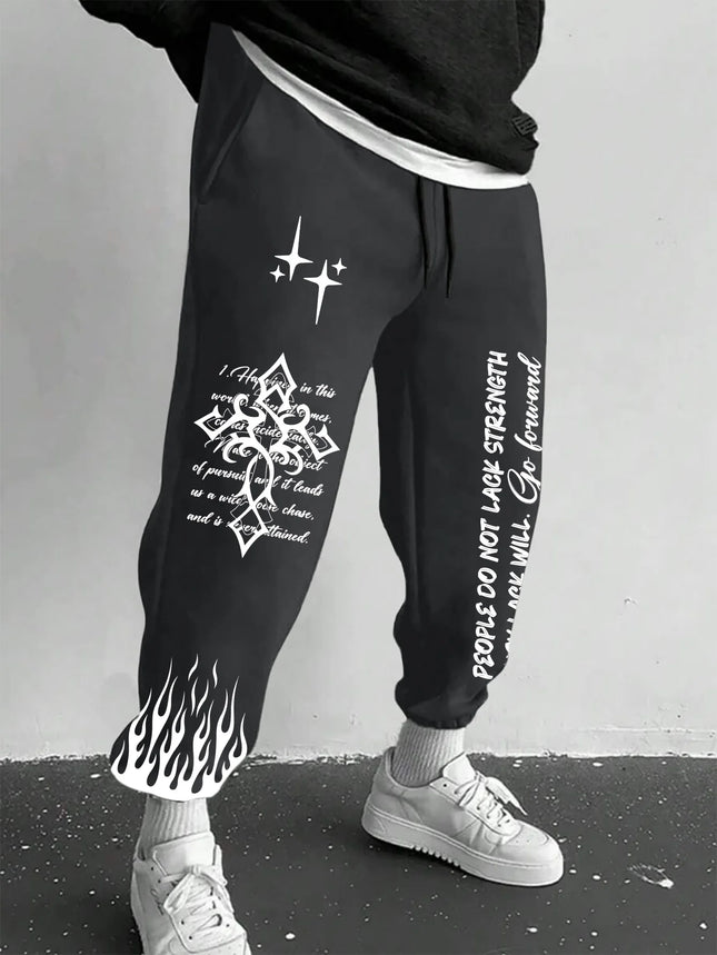 Men's Retro Vintage Script Letter Flame Graphic Joggers Elastic Cuff Sweatpants Popular Streetwear Casual Pants