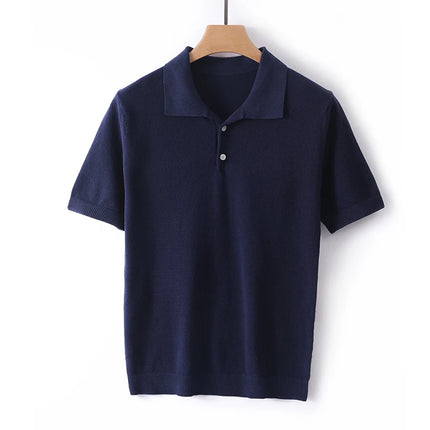 2025 Spring/Summer New Men's Short Sleeved 100% Cotton T-Shirt Sweater POLO Collar Loose Knit Pullover Business Casual Tops