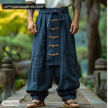 Ethnic Vestidos Casual Cotton And Linen Wide Leg Pants Men's Solid Color Comfortable And Trendy Pleated Pants Men's Streetwear