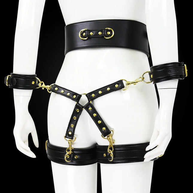Professional BDSM Red Leather Harness Set Collar Handcuffs Restraint Kit for Women Slave Role Play Fetish Gear Adult Game Toy