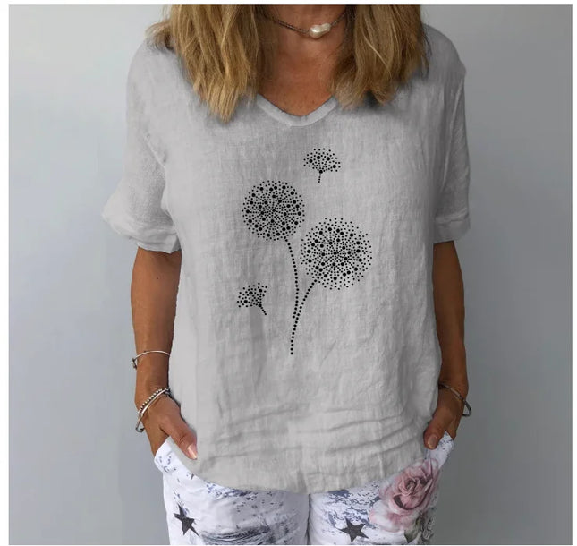 Women Solid Colour Cotton Linen Blouse Top Summer Casual Harajuku Fashion T-shirt Print Loose Blouse Women Tops Streetwear