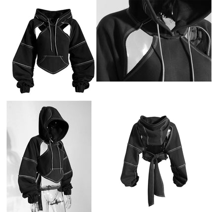 Y2k Gothic Womens HoodieTop HoodedSweatshirt Hollow Out Lace Up Long Sleeve HoddedCasualPullover Autumn